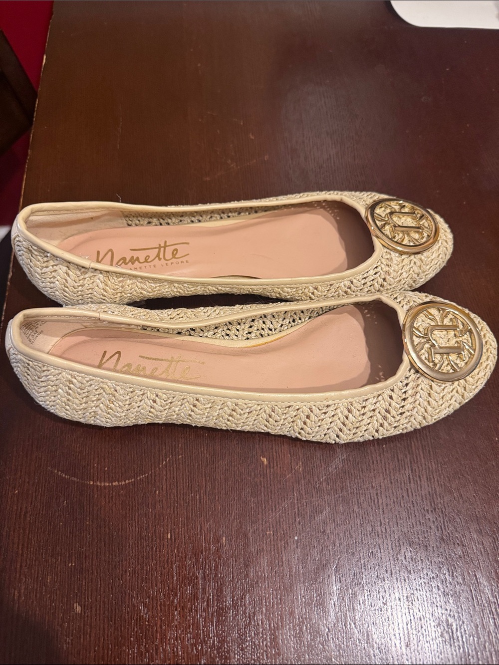 Nannette Cream Woven Ballet Flats with Gold Medallion size 8.5